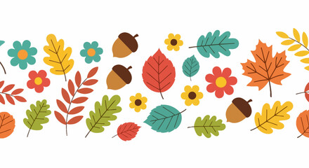 Obraz premium Cute Autumn Leaves & Acorns Border Vector | Whimsical Fall Floral Banner Design