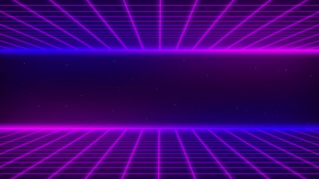 4K futuristic synthwave blue purple and violet color 80s style retro minimal background animated. Sci-fi seamless looping animation with two grid on top and the bottom