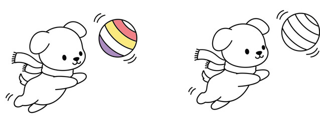 Fototapeta premium Adorable White Puppy Playing with a Colorful Ball - Playful Cartoon Dog Illustration