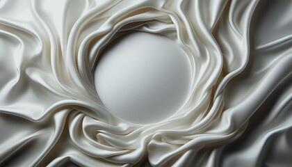 Luxurious silver-white silk fabric arranged in elegant circular center and with smooth folds. Soft reflections, creamy tones, and graceful drapery create a refined abstract background
