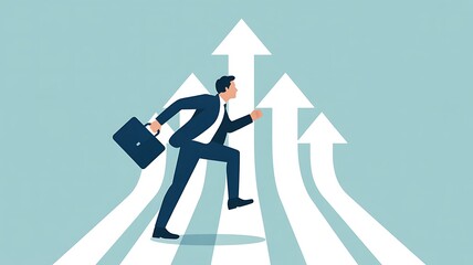 Businessman running on upward arrows with briefcase on light blue background illustration