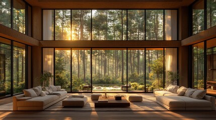 Modern minimalist living room with large windows overlooking a forest