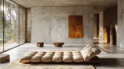 Modern minimalist living room with concrete walls, large windows, and a low sofa