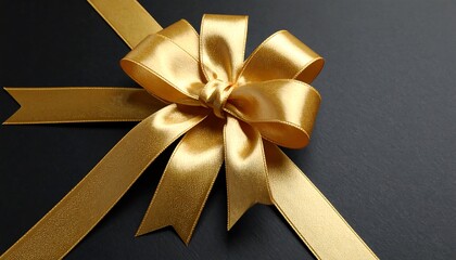Overhead shot of a golden satin ribbon bow on a dark gray surface, a portion of the ribbon extending outwards. The bow's folds create depth
