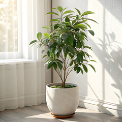 Green indoor houseplants by sunny window with natural soft light