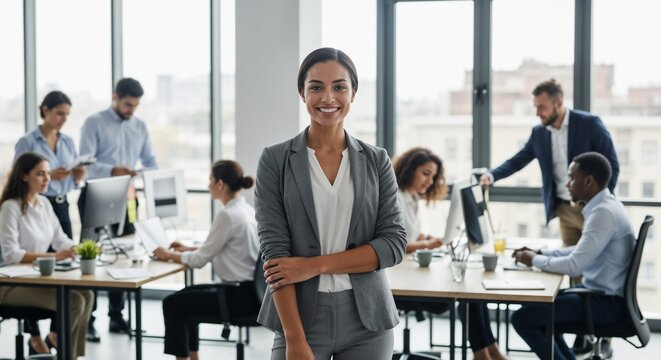 Young Female Entrepreneur Standing Confidently in Modern Office