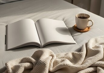 Open magazine with blank pages on a linen bedsheet beside a mug and a cotton throw, cozy bedroom light