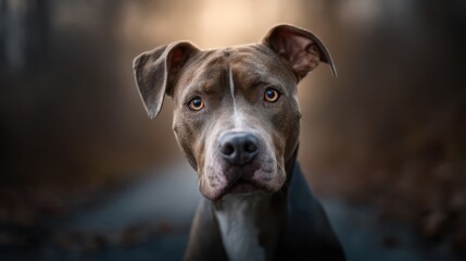 Obraz premium Leashed pit bull on dusk walk