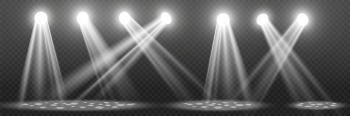 Realistic stage spotlights with bright beams and reflections on transparent background