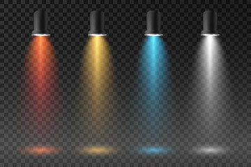 Realistic colorful spotlights with light beams on transparent background
