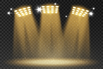 Stage lighting with golden spotlights and sparkles