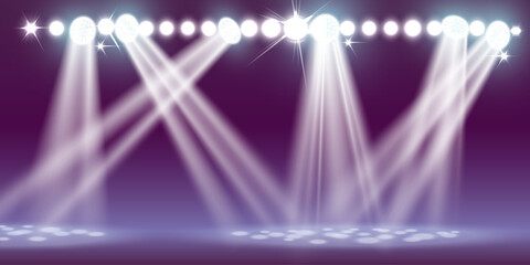 Bright stage lighting, spotlight effect. Vector illustration.