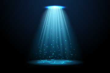 Empty podium illuminated by dramatic light beams