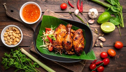 Overhead shot of a gourmet meal featuring grilled chicken legs on a banana leaf, surrounded by fresh ingredients, sauces, and nuts