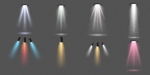 Realistic colorful spotlights with light beams on transparent background