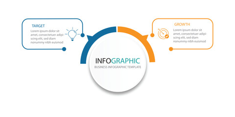 Business Infographic Template Design. minimal concept Timeline with 2 steps, options and marketing icons. Vector linear infographic with two connected elements. 