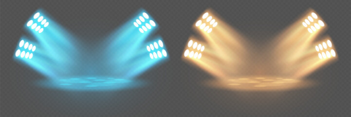 Realistic stage spotlights with bright beams and reflections on transparent background