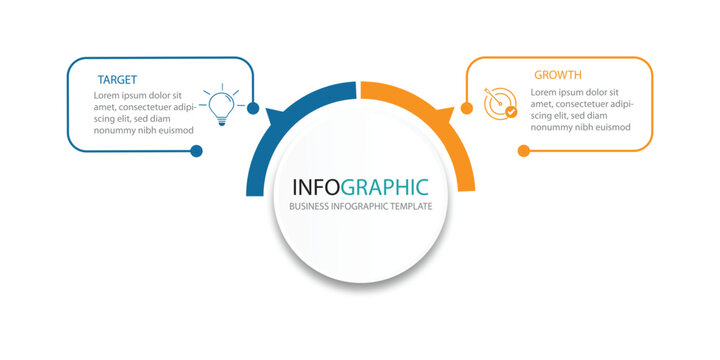 Business Infographic Template Design. minimal concept Timeline with 2 steps, options and marketing icons. Vector linear infographic with two connected elements. 