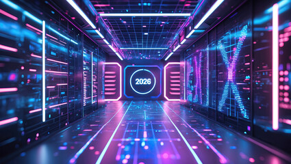 Futuristic 2026 Digital Design with Neon Lights in a Technology Corridor