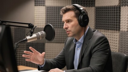 Man in Studio Recording with Microphone and Headphones.