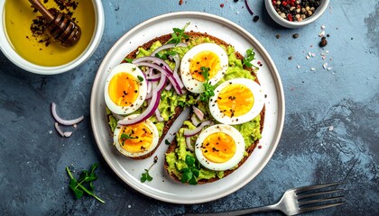 Overhead shot of a healthy breakfast. Avocado toast topped with sliced hard-boiled eggs and red onion with a drizzle of oil