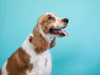 Joyful Cocker Spaniel with tongue out on vibrant blue background, perfect for pet lover campaigns and cheerful designs.