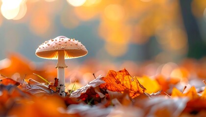 Mushroom gleaming in fall foliage, soft golden light, dreamy bokeh, autumn leaves abound