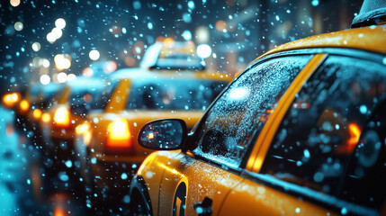 Yellow taxis lined up in snowy city streets at night  