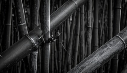 Monochrome photograph of bamboo stalks. Some are in focus, showcasing the natural textures of the plant. Others blur in the background