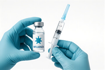 Photorealistic influenza vaccination, healthcare professional’s gloved hands holding prefilled flu vaccine syringe beside unbranded vial labeled with abstract blue “influenza”