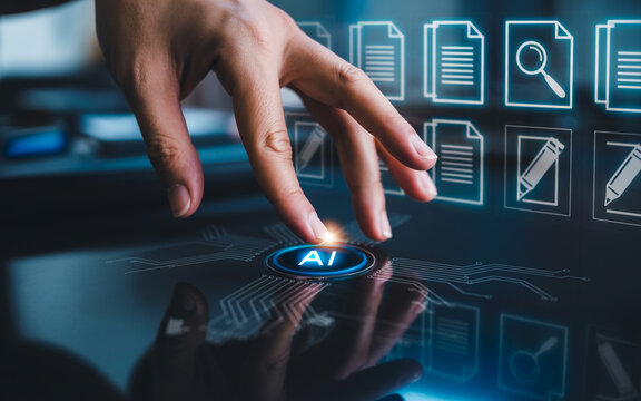 Finger activating artificial intelligence on a digital interface with document icons and circuit patterns for advanced technology integration and automation solutions