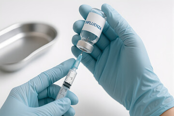 Photorealistic influenza vaccination, healthcare professional’s gloved hands holding prefilled flu vaccine syringe beside unbranded vial labeled with abstract blue “influenza”
