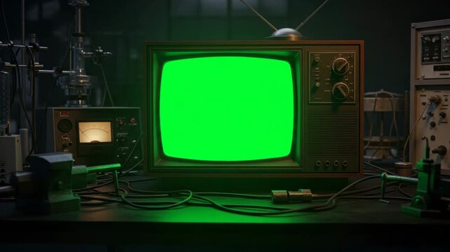 Vintage Retro TV in Science Lab Green Screen Monitor for Editing and Compositing