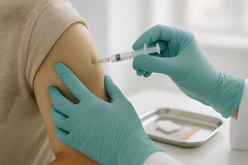 Photorealistic influenza vaccination, healthcare professional’s gloved hands holding prefilled flu vaccine syringe beside unbranded vial labeled with abstract blue “influenza”