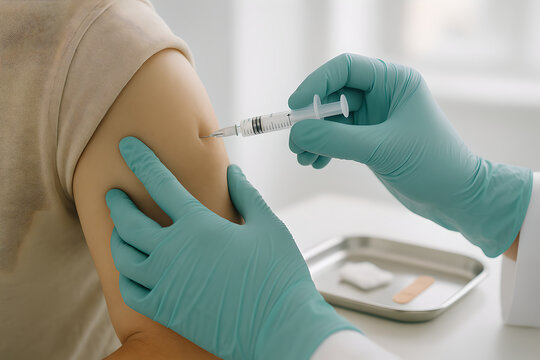 Photorealistic influenza vaccination, healthcare professional&rsquo;s gloved hands holding prefilled flu vaccine syringe beside unbranded vial labeled with abstract blue &ldquo;influenza&rdquo;