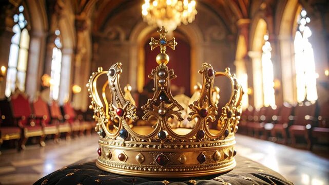 Golden crown decorated with gems displayed on velvet cushion in grand palace interior, symbol of royalty, power, and authority