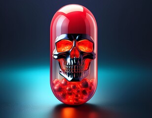 red capsule pill with glowing skull inside