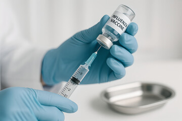 Photorealistic influenza vaccination, healthcare professional’s gloved hands holding prefilled flu vaccine syringe beside unbranded vial labeled with abstract blue “influenza”