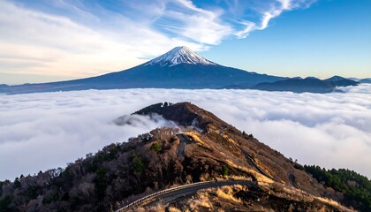 Majestic mountain peaks pierce the clouds, a snowy-capped peak dominates the horizon under a vibrant blue sky with wispy clouds