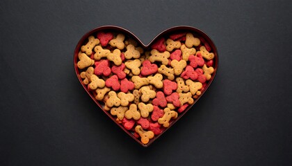 Overhead shot of a heart-shaped box filled with dog biscuits. Bone-shaped and red treats are arranged against a black background