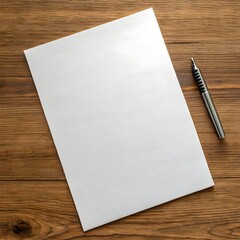  Blank White Paper Sheet Wooden Table Desk Pen Ballpoint Top View Flat Lay Mockup Template Office Workspace Business Stationery Writing Document Empty Space Copy Text Area Background Minimal Clean