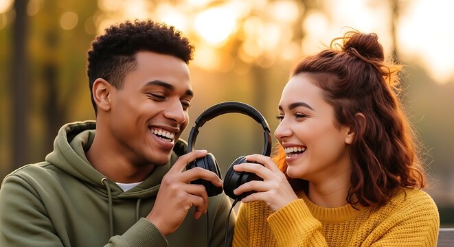 Happy diverse couple sharing headphones and laughing outdoors in golden light, enjoying music
