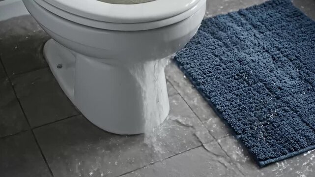 Clogged household toilet overflowing with dirty water onto the bathroom floor, active backup and flooding around the base, illustrating plumbing failure, water damage risk, emergency cleanup
