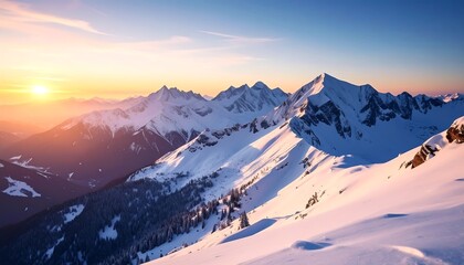 Majestic snow-capped mountains bathed in the warm glow of a sunrise, casting long shadows across the pristine slopes