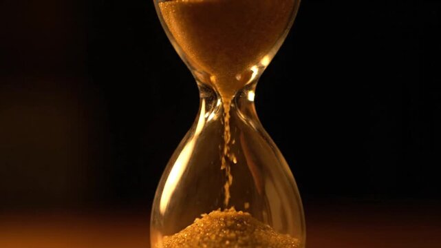 A mesmerizing close-up of a glass hourglass against a dark background, showcasing golden sand streaming rapidly from the upper chamber to the lower, symbolizing the swift passage of time and its prec