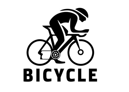 Bicycle sport logotype icon silhouette vector illustration showing a cyclist on a bike ride road reacing compitaion sign with symbol.