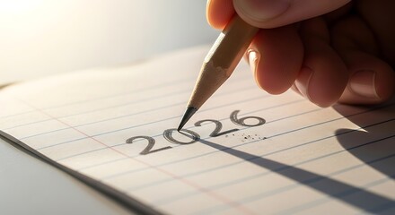 A person's hand writing the number 2026 with a pencil on a notebook, symbolizing planning for the new year's goals and future aspirations