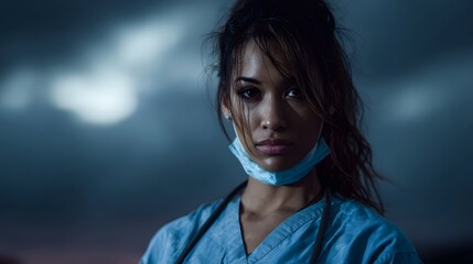 Intense close up portrait of a dedicated female healthcare professional in medical scrubs