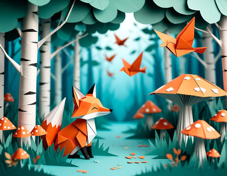 Imagine a whimsical forest where every element &ndash; trees, animals, mushrooms, and even the ground &ndash; is crafted from origami. A small, folded paper fox peeks out from behind a paper birch tree, while ori