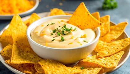 Nachos and cheese dip with parsley in a white bowl on a gray plate, perfect for snacking and sharing